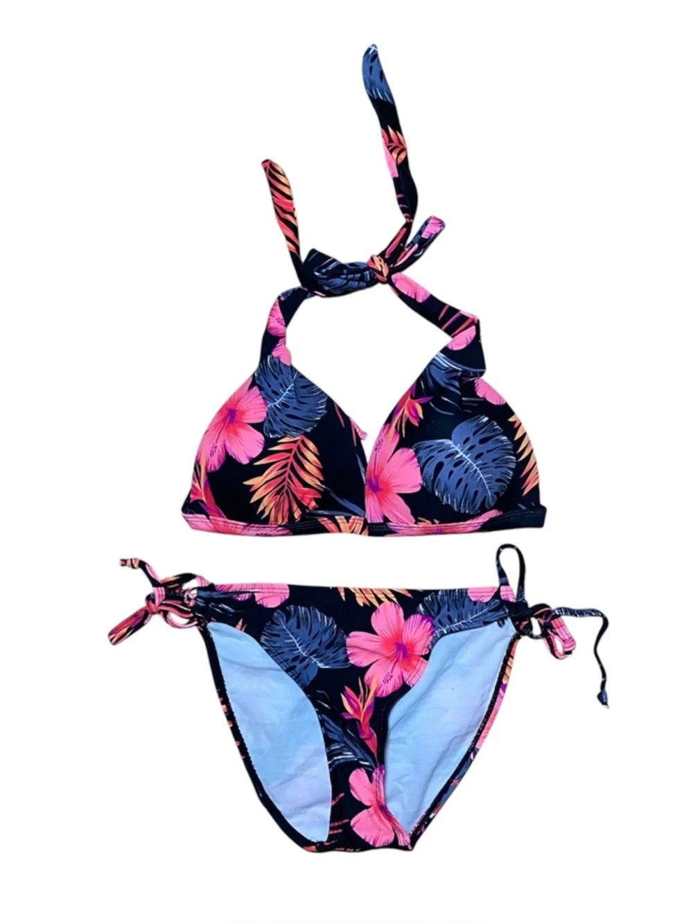Boohoo Tropical Floral Moulded Push Up Triangle Bikini Set Size 6 NWT Black Pink - Picture 3 of 6